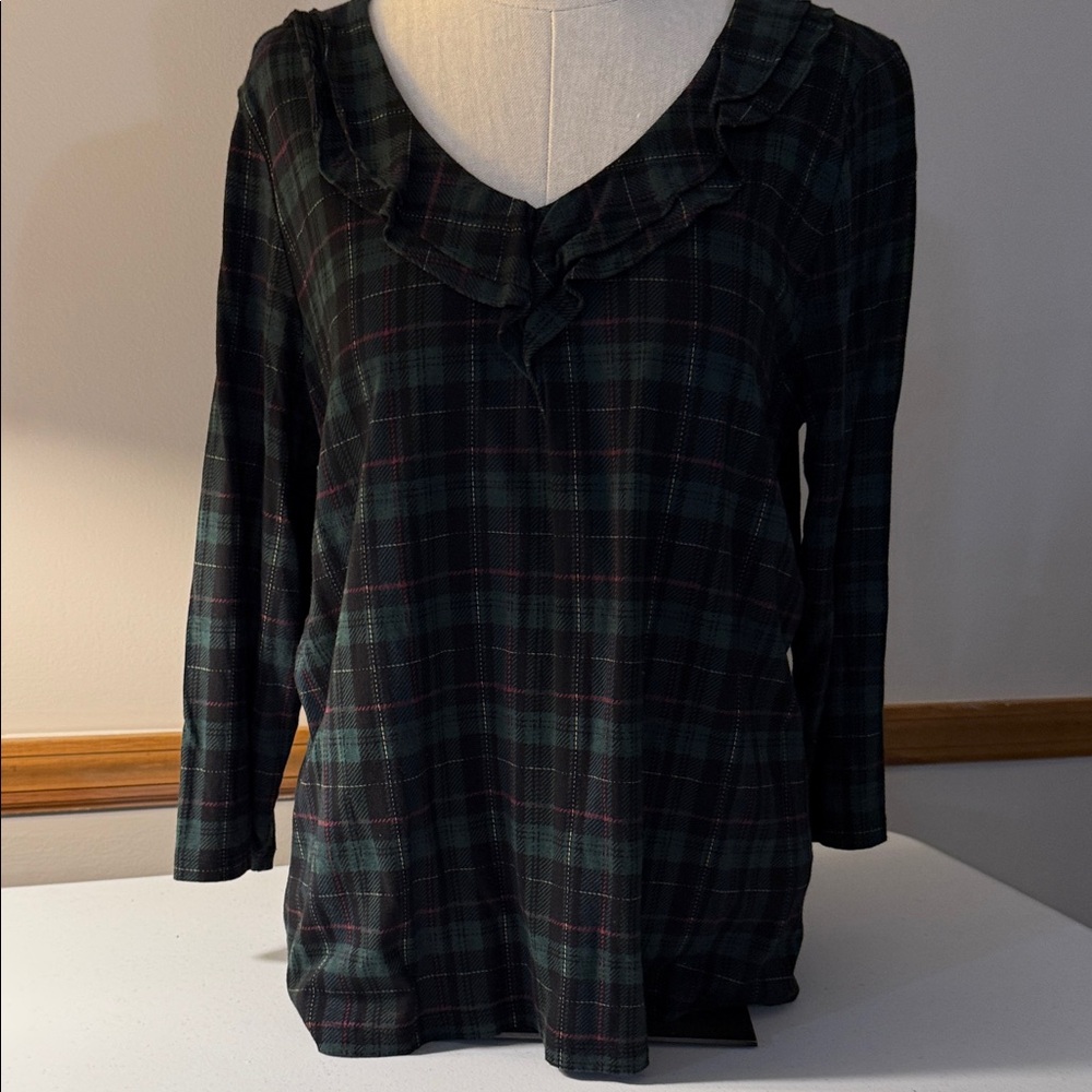 Talbots Dark Plaid Ruffled Neck Top